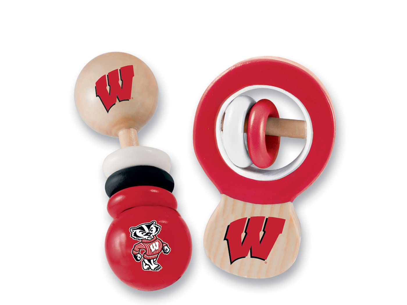 BabyFanatic Wood Rattle 2 Pack - NCAA Wisconsin Badgers - Officially Licensed Baby Toy Set