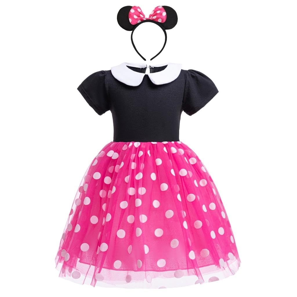 Dressy Daisy Little Girls Polka Dots Fancy Dress Up Halloween Costume Birthday Party Outfit with Mouse Ears Headband Size 7-8, H