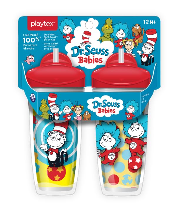 Playtex Baby Sipsters Stage 3 Straw Cups, Dr. Seuss Cat In The Hat 3D Graphics, 9 Oz, 2 Count - Spill-Proof, Leak-Proof, And Ins