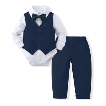 Disaur Baby Boy Clothes Toddler Boy Outfits, 4Pc Gentleman Dress Romper + Vest + Pants + Bow Tie Cotton Suit Set (Navy Blue,18-2