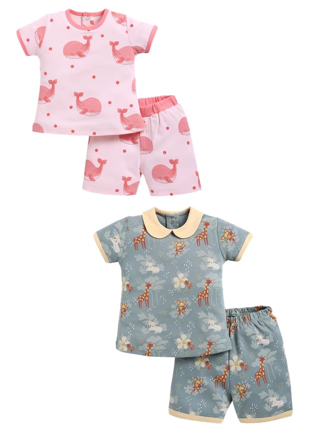 Baby Girls 100% Cotton Printed Half Sleeve TShirt & Short Latest Summer Clothing Sets (Pack Of 2)