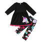2Pcs/Set Kids Toddler Baby Girl Outfits Long Sleeve T-Shirt Top+Floral Long Pants Fall Clothes (Unicorn Black, 3-4 Years)