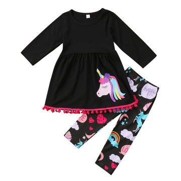 2Pcs/Set Kids Toddler Baby Girl Outfits Long Sleeve T-Shirt Top+Floral Long Pants Fall Clothes (Unicorn Black, 3-4 Years)