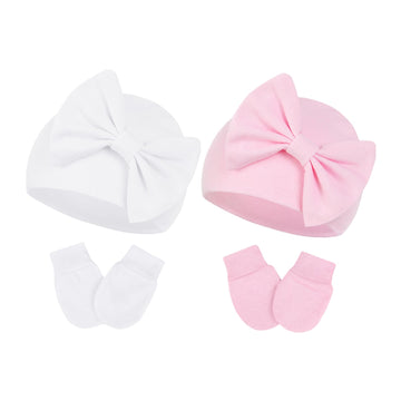 Century Star Newborn Girls Hats Baby Hat And Mitten Set Big Bow Knit Infant Headbands Winter Baby Hat For Girls F White & Pink 0