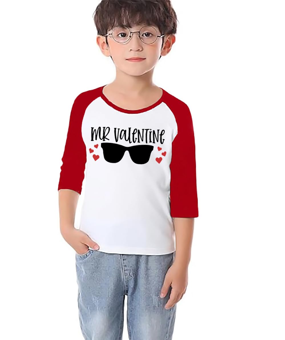 Toddler Boys Valentine'S Day Shirt Mr Valentines Sunglasses Graphic Cotton Outfit Casual 3/4 Raglan Sleeve Tee Tops (5-6T, Red)