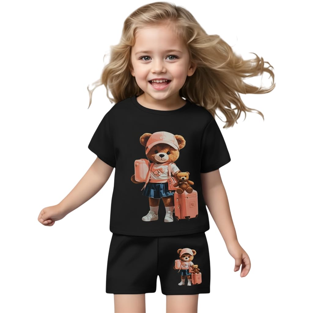 Fommy Pure Cotton TShirt Shorts Set For Baby Girl & Toddlers (Black) | Cute Teddy Bear Cartoon Print Summer Girls Outfit | Ultr