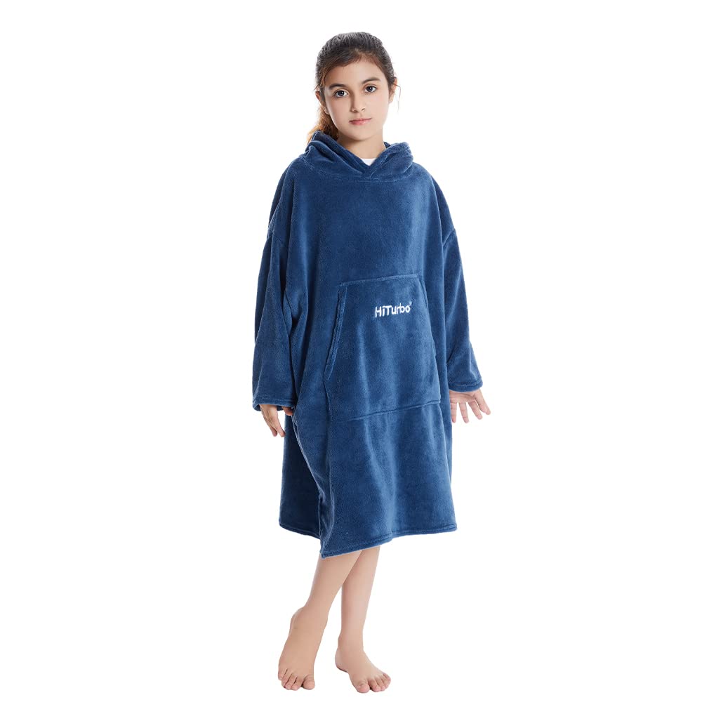 Hiturbo Kids Towel Changing Robe: Soft Plush Wearable Blanket - Warm Coral Fleece Hoodie - Swim Surf Poncho For 5-12 Years (Navy
