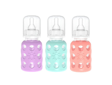 Lifefactory Glass Baby Bottles With Silicone Protection - 3-Pack, 4 Ounce Bottles, (1- Lavender, 1- Mint & 1- Cantaloupe)