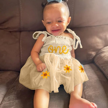 Titkkop Baby Girl 1St Birthday Clothes One Year Old Tulle Romper Sleeveless Bodysuit Cake Smash Outfits(Cream-Coloured,12-18M)