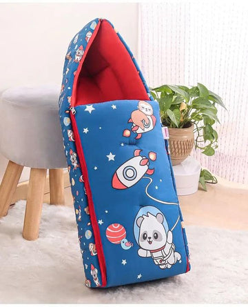 Soft Cozy Baby Sleeping Bag with Hood, Cute Space Theme Elephant Print, Zippered Nest for Newborns, Blue with Red Interior, Warm