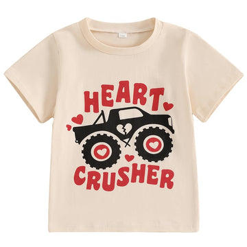 Kids Toddler Baby Boys Girls Valentine'S Day T-Shirt Heart Crusher Monster Truck Short Sleeve Shirt Top(Beige Monster Truck,4-5T