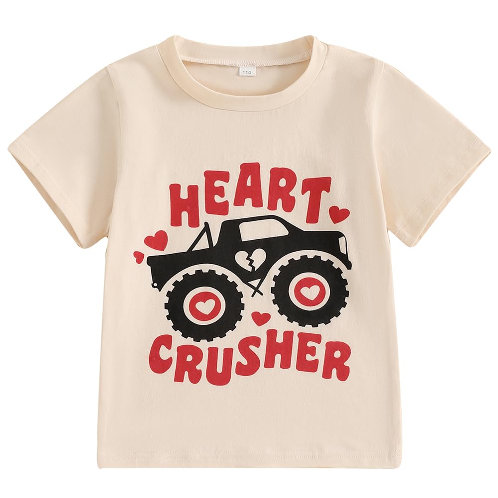 Kids Toddler Baby Boys Girls Valentines Day T-Shirt Heart Crusher Monster Truck Short Sleeve Shirt Top(Beige Monster Truck,1-2T