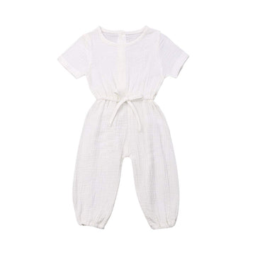 Mubineo Toddler Baby Girl Summer Fall Basic Plain Short Sleeve Cotton Linen Drawstring Romper Jumpsuit (White, 2-3T)