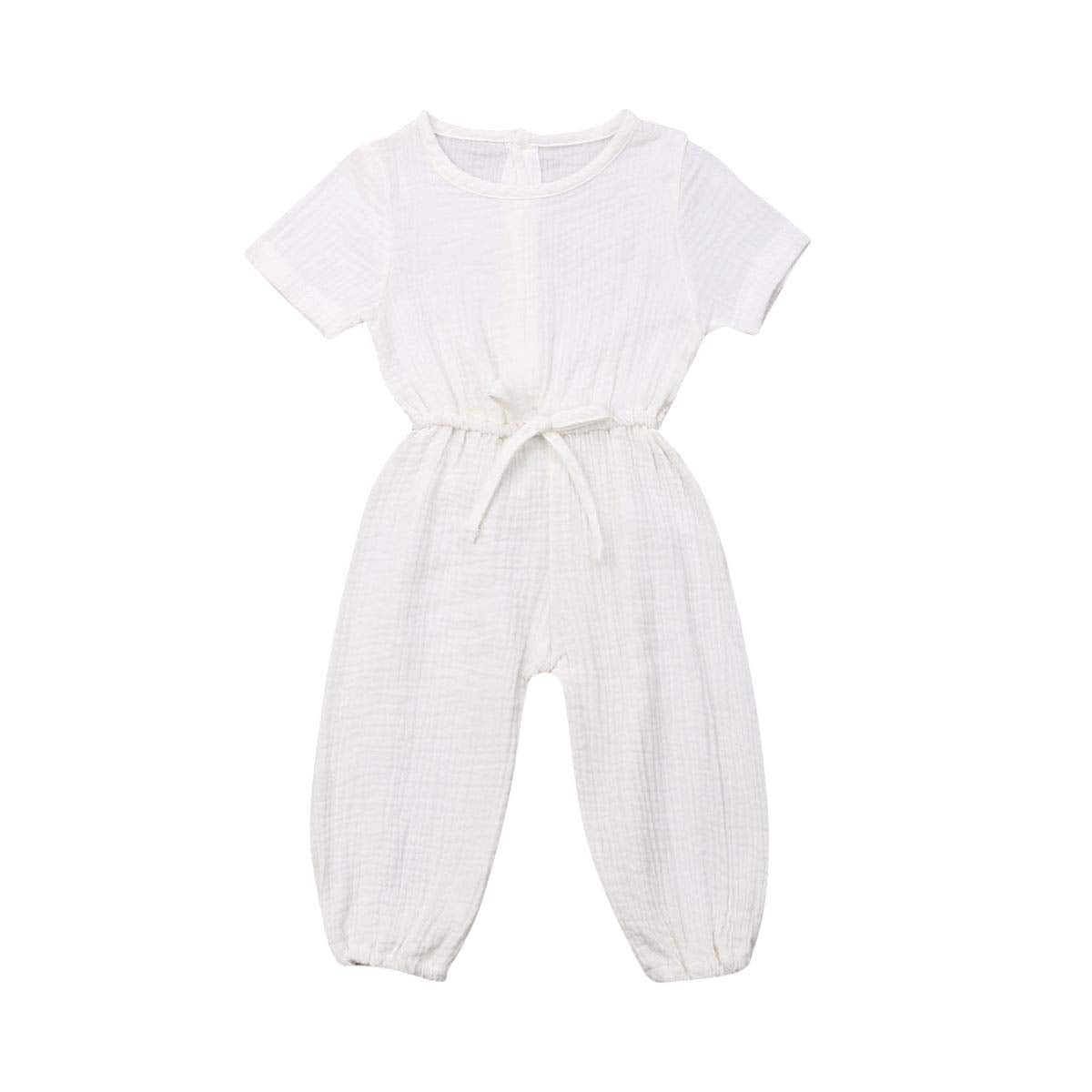 Mubineo Toddler Baby Girl Summer Fall Basic Plain Short Sleeve Cotton Linen Drawstring Romper Jumpsuit (White, 3-4T)
