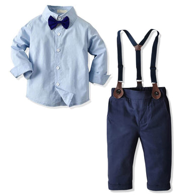 Baby Boys Dress Clothes, Toddlers Boys Long Sleeves Button Down Plaid Dress Shirt With Bowtie + Suspender Pants Set Wedding Outf