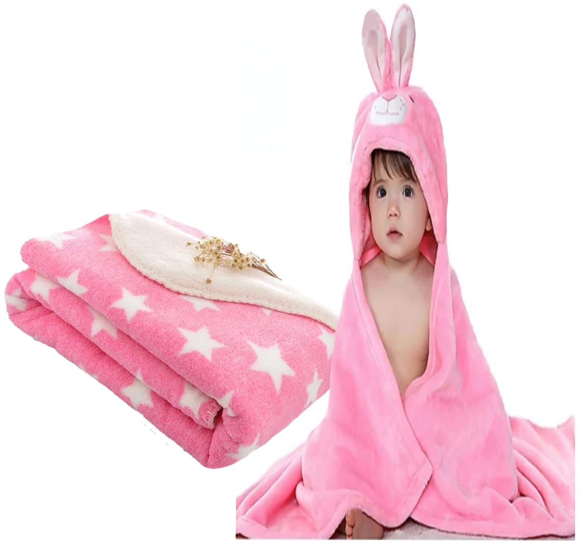 First Kick Baby Blankets New Born Combo Pack of Hooded Wrapper Durable Flannel Wool Sleeping Bag and Baby Bath Towel for 06 Mon