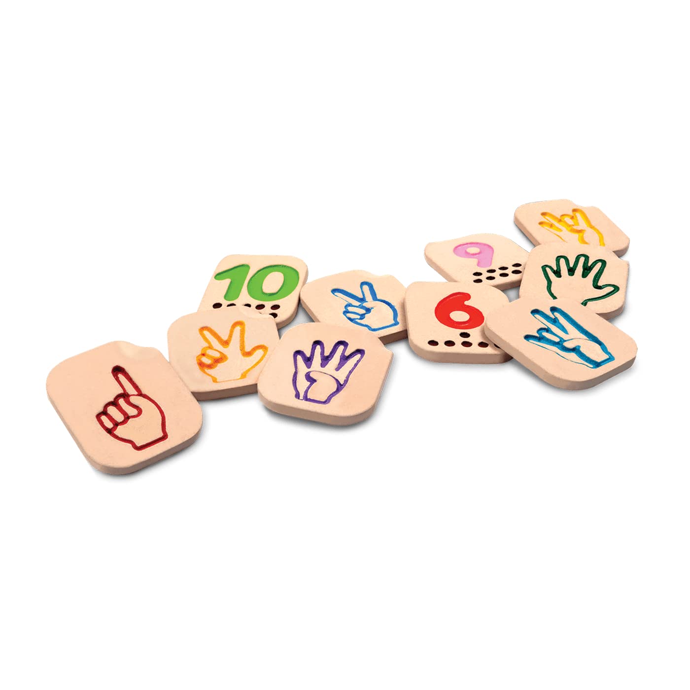 PlanToys Wooden Hand Sign Tiles With Numbers 1 - 10 To Help Learn Sign Language (5655) | Sustainably Made from Rubberwood and No