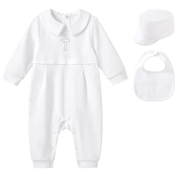 Pureborn Baby Boys Baptism Outfits Long Sleeve Christening Romper Organic Cotton Jumpsuit With Bonnet And Bib 3 Pcs White 3-6 Mo