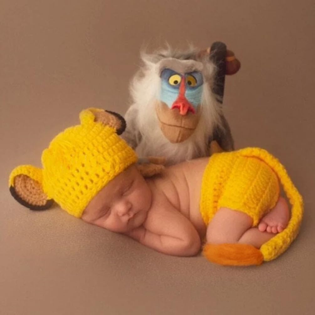 Newborn Baby Photo Shoot Props Girl Boy Crochet Knit Hat Costume Stripe Hat Pants Overalls Photography Props (Yellow)