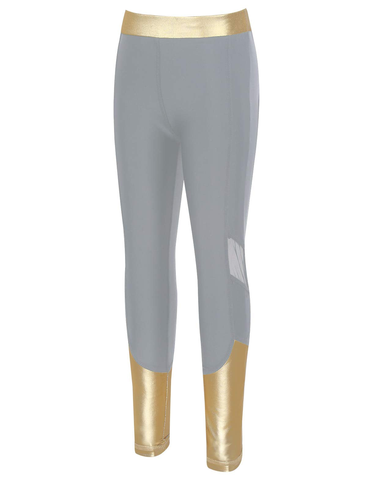 FEESHOW Kids Girls Metallic Splice Sports Dance Leggings Pants Athletic Workout Active Yoga Compression Tights Grey&Gold 910 Ye