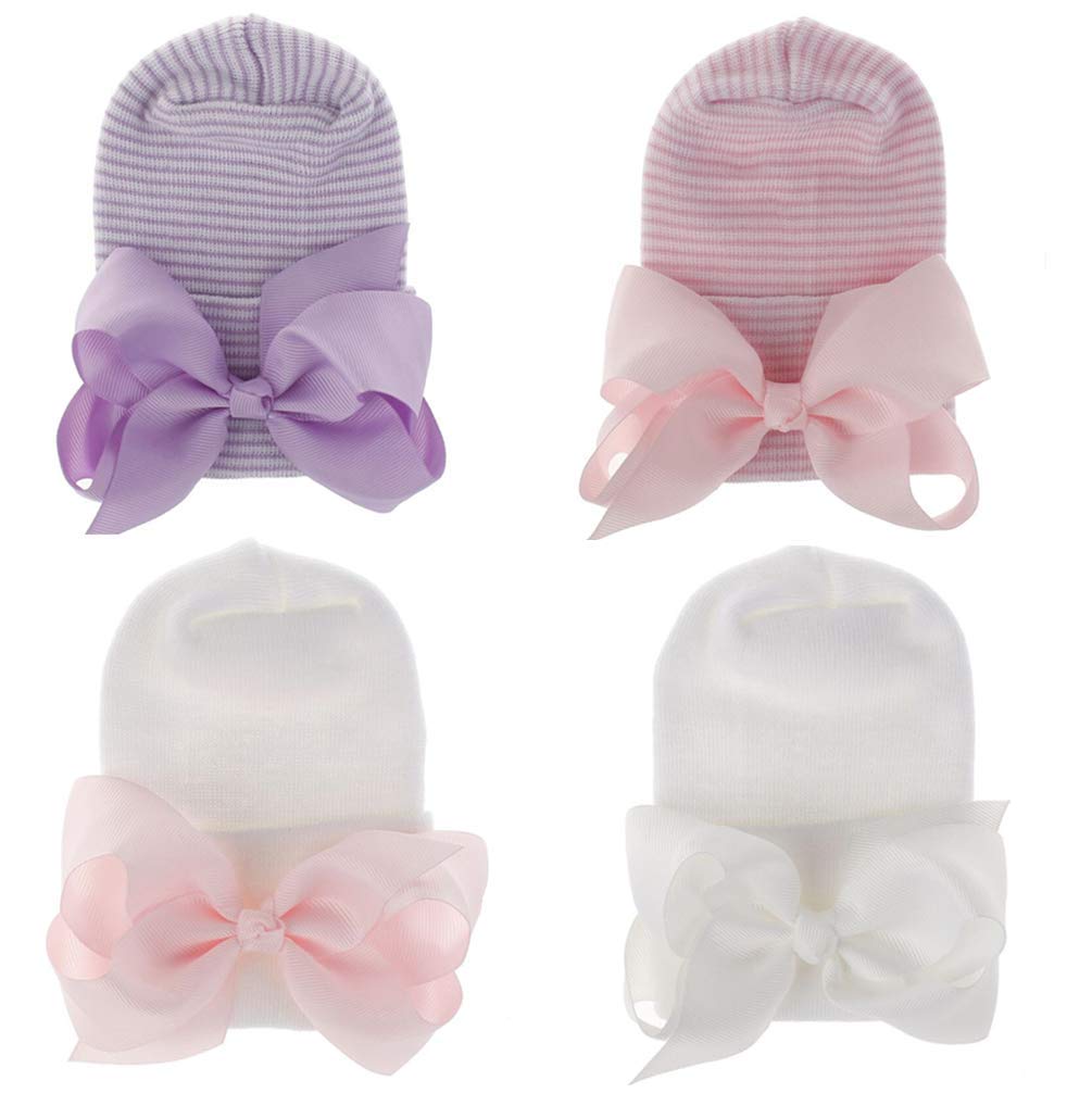Adeimoo Newborn Hospital Hat Baby Girls Hat Cap With Bow Soft Cute Infant Knot Nursery Beanie (4 Pack Ribbon Bow / 0-3 Month)
