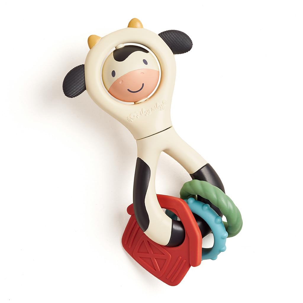 Itzy Ritzy Spinner Rattle Toy - Cow Design Sensory Teething Rattle Includes Spinning Face, Clicks, Rattles & Textured Teethers; 