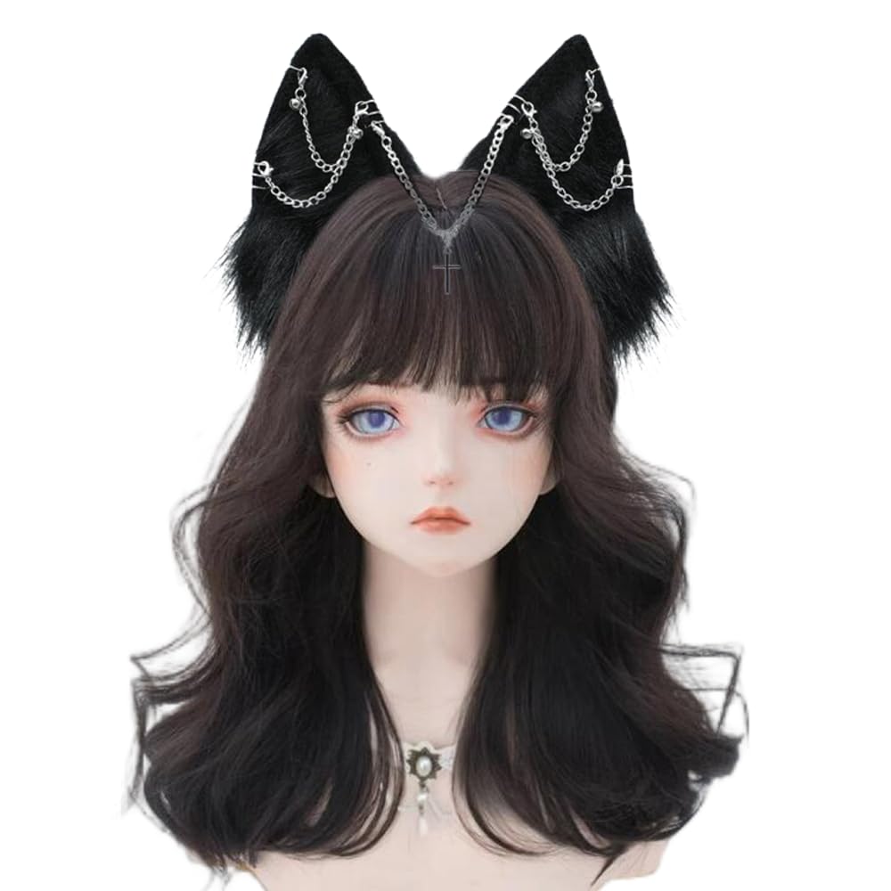 Vigvan Handmade Wolf Fox Ears Animal Cosplay Cute Head Accessories For Halloween (Chain Black)