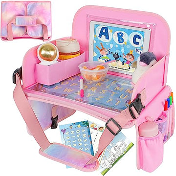 Menzoke Kids Travel Tray, Car Seat Table Tray For Kids, Kids Car Tray With Educational Drawing Board,Tablet Holder & Cooler Cup
