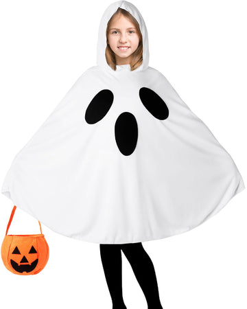 Oskiner Ghost Costume For Kids,White Ghost Poncho Hooded Cape With Pumpkin Bag,Spooky Halloween Costume For Girls