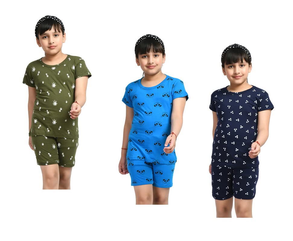 IndiWeaves Girls Cotton Printed Night Suits Tshirts and Shorts Set Summer (Pack of 3) Dark Green::Blue&::Navy Blue