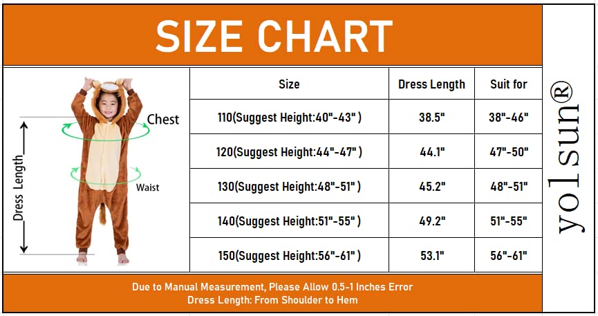 Yolsun Kids Lion Animal Halloween Costume, Deluxe Kids Onesie Dress Up For Boys&Girls