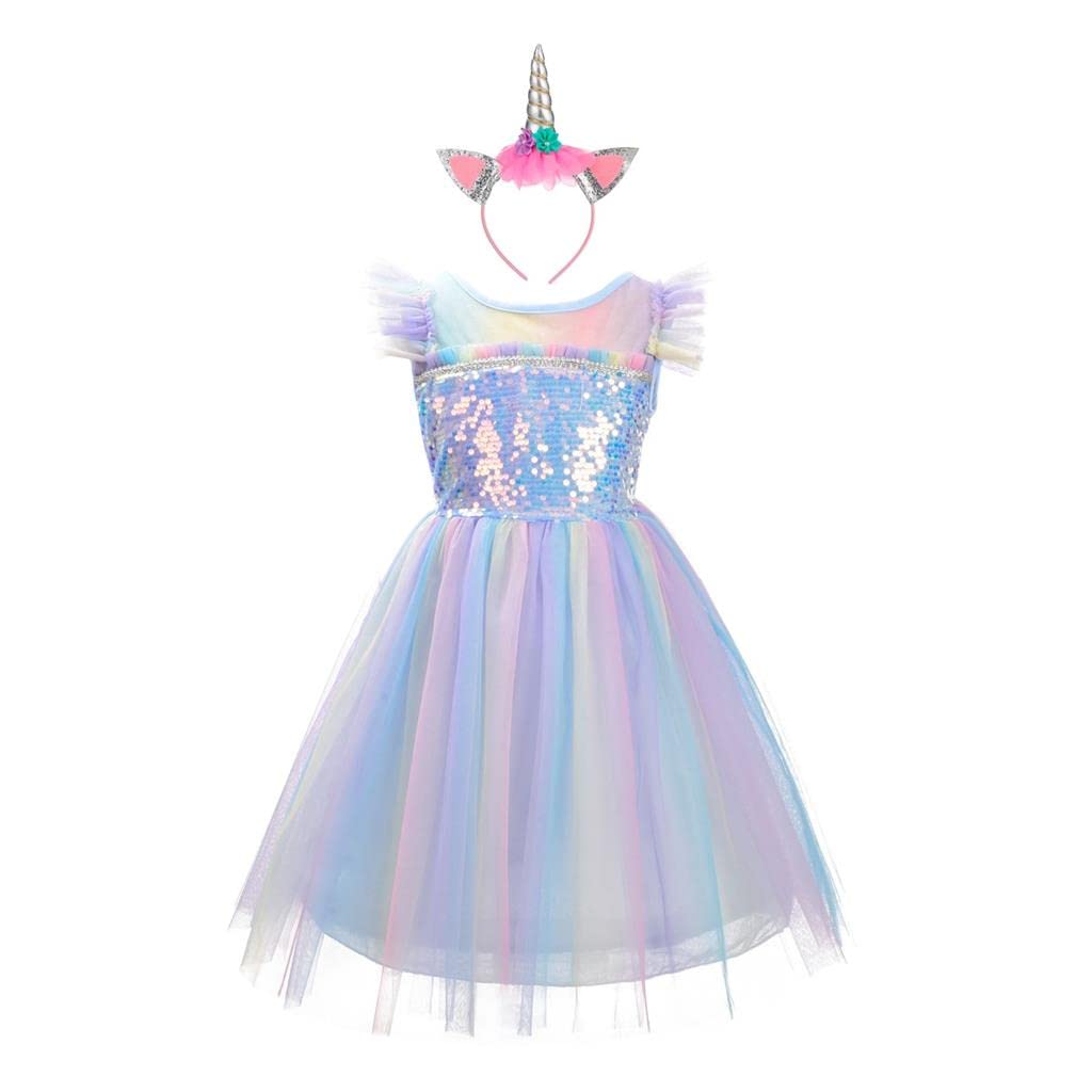 Dressy Daisy Unicorn Birthday Rainbow Tulle Dress Princess Costume With Headband Fancy Party Outfit For Toddler Girls Size 4T 5T