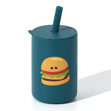 Joyit Silicone Toddler Open Cup With Straw, Silicone Open Mouth Cup For Baby 6 Oz, Baby Training Cup (Hamburger-Ocean Blue)