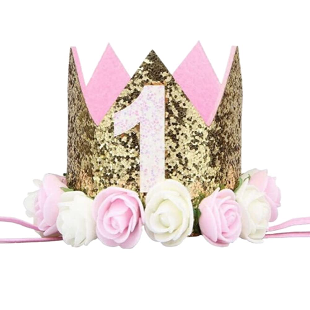 Sparkle 1St Baby Crown Headband Hat, Glitter First Birthday Flowers Crown For Princess Girl Baby Show Toddler Photography (Pink