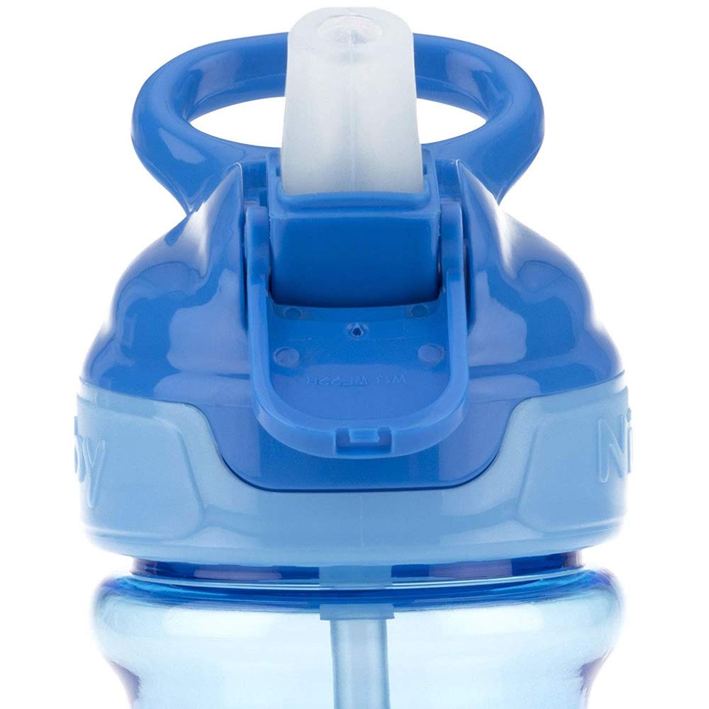 Nuby Thirsty Kids Push Button Flip-It Soft Spout On The Go Water Bottle With Easy Grip Band, Blue Sharks, 12 Oz