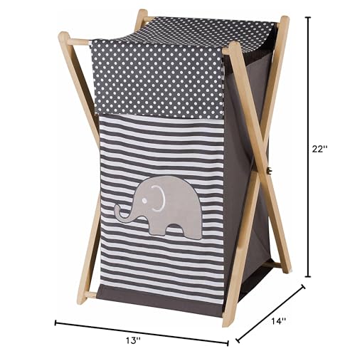 Bacati Elephants Unisex Hamper Cover With Natural Finish Wood Frame And Mesh Liner, Grey