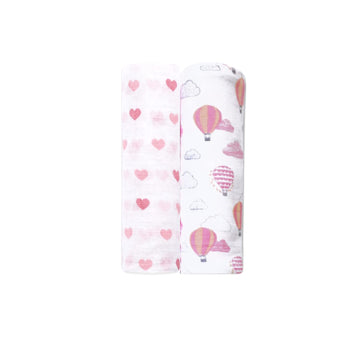 Elementary Organic Cotton Muslin Swaddle Set of 2 for Newborn  Pink Balloons and Hearts (112 * 112cm)