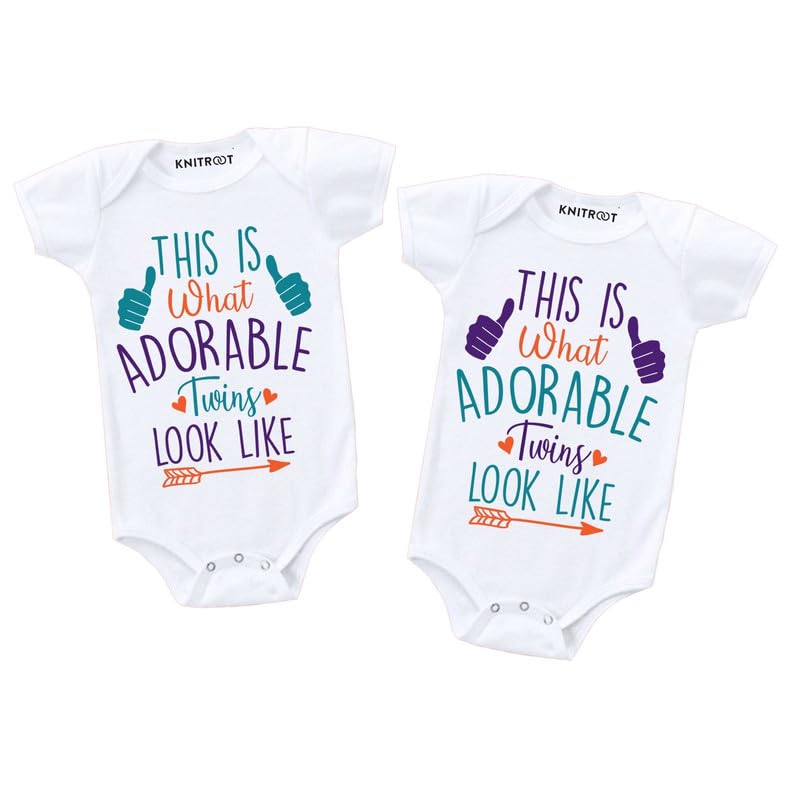 Knitroot Twins Special Romper, Unisex Baby Kids Twin Onesies, Half Sleeve Bottom Snap Button, White Cotton Bodysuit, Sleepsuit, 