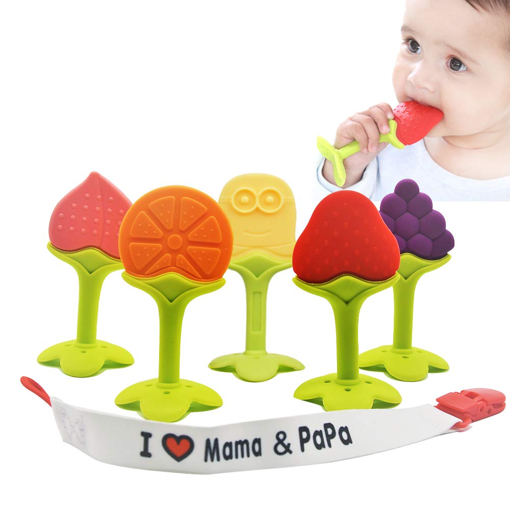 Baby Teething Toys - Natural Organic Freezer Safe Teether Set with Pacifier Clip for 3 to 12 Months Babies, Soft Silicone Fruit 