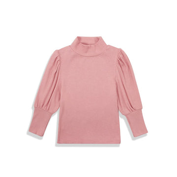 Toddler Baby Girl Basic Solid Color Turtleneck T Shirt Ribbed Knit Top Puff Long Sleeve Soft Cotton Clothes(Pink,6-7Years)