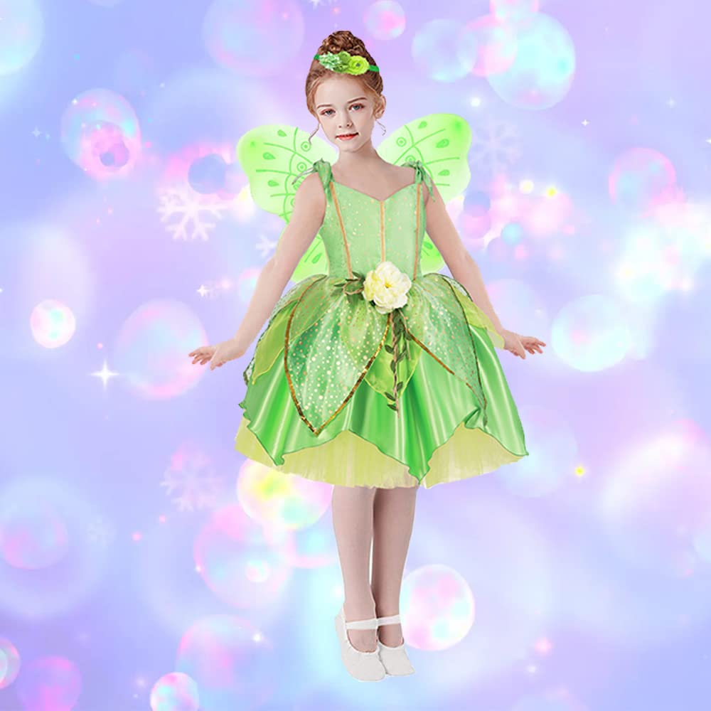 Tyhtym Tinkerbell Fairy Costumes Girls Green Fancy Dress Up Baby Kids Halloween With Butterfly Wings Headband (6-7T, Fairy)