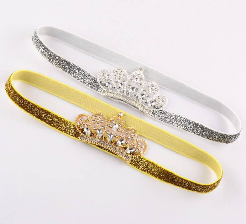 Xichenbaby Girls Crown Headband Newborn Princess Head Band Headdress Elastic Hair Band (Crystal -2Pack)