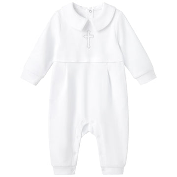 Pureborn Baby Boys Baptism Romper Organic Cotton Long Sleeve Christening Jumpsuit For Infant Boy Baptism Outfit White 12-18 Mont
