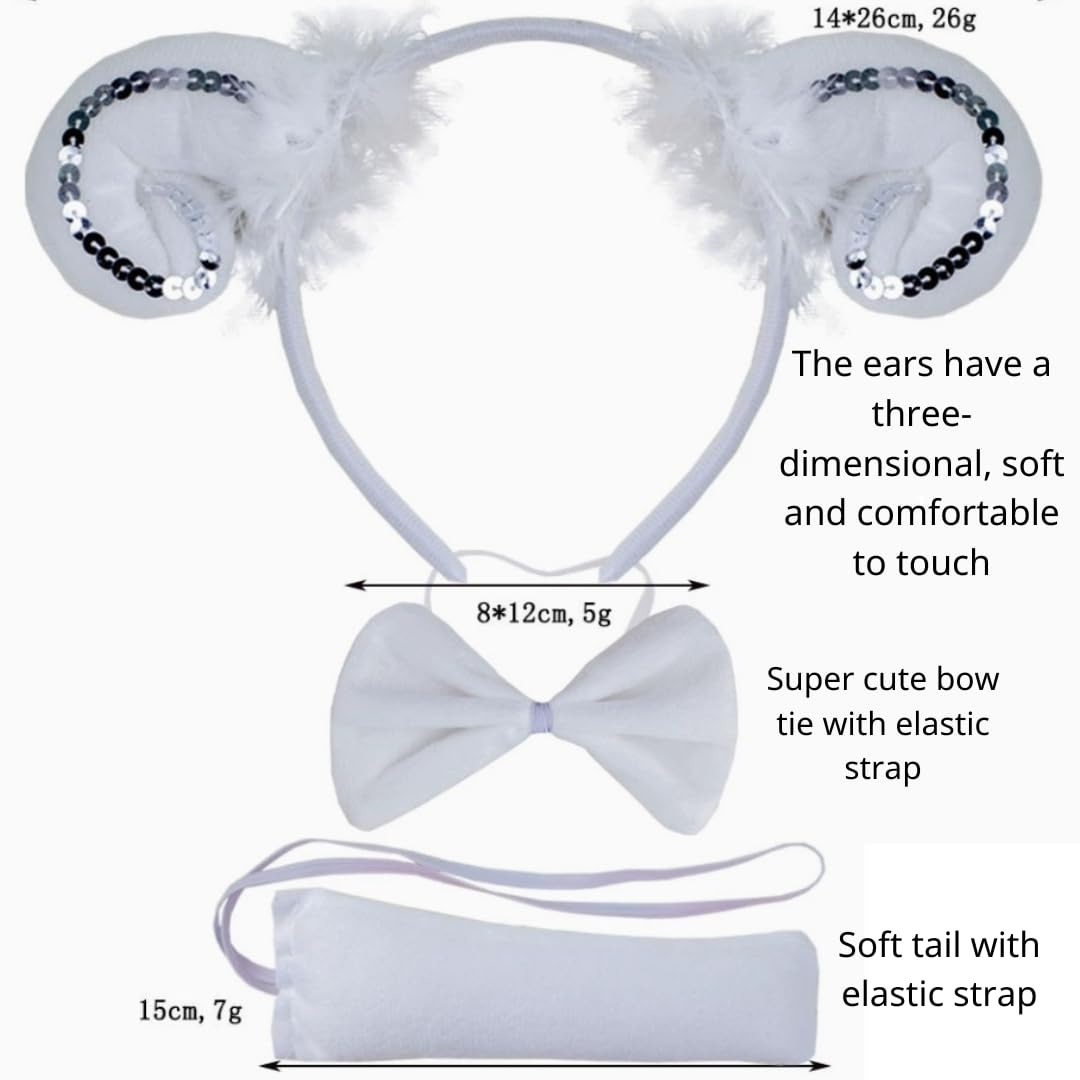 Kirei Sui Kids Animal White Sheep Ears Headband Bowtie Tail & Tutu Costume 4 Pieces Dress Up Set