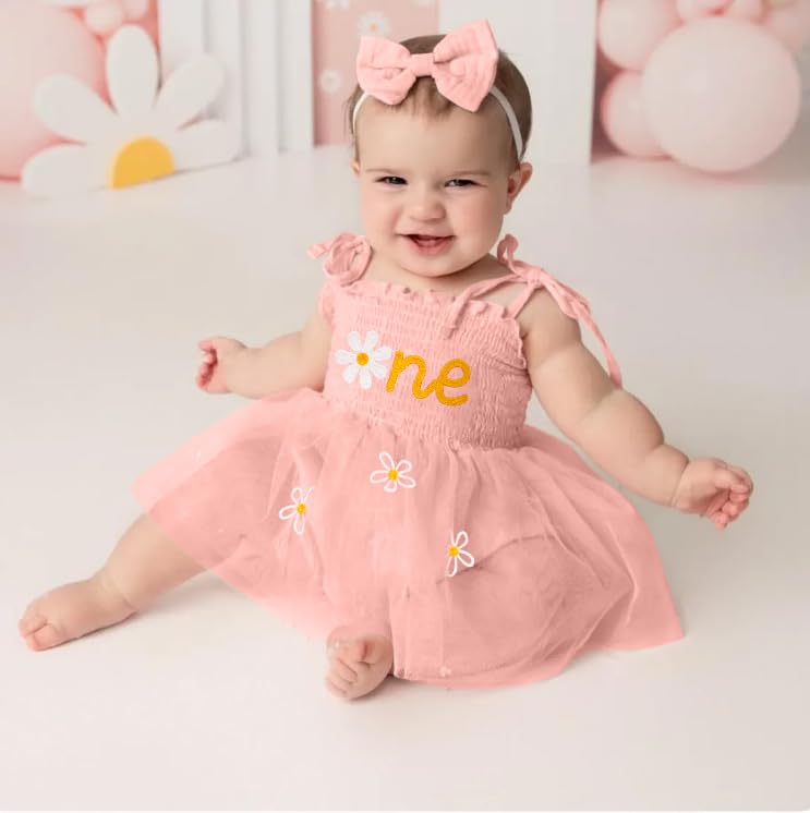 Titkkop Baby Girl 1St Birthday Clothes One Year Old Tulle Romper Sleeveless Bodysuit Cake Smash Outfits(Pink6,12-18M)