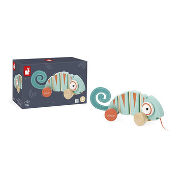 Janod - Tropik Pull-Along Chameleon - Wooden Early-Learning Toy - Silent Wheels - Educational Walking and Balancing Toy - Water-