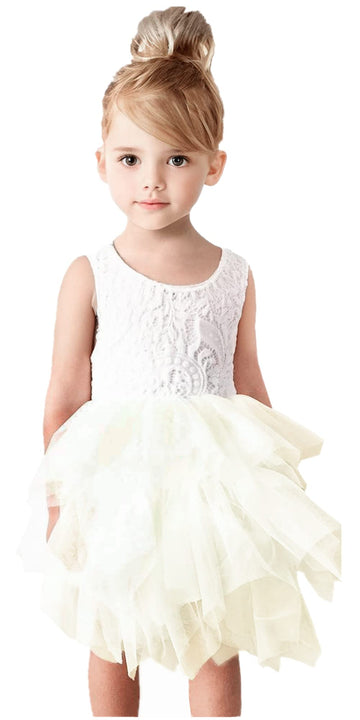 2Bunnies Girl Peony Lace Back A-Line Tiered Tutu Tulle Flower Girl Dress (No Applique Ivory, 6M)
