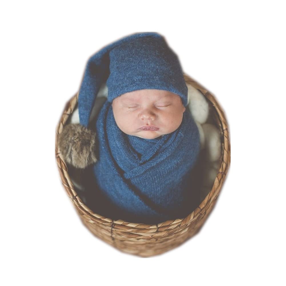 Fashion Cute Newborn Baby Photography Props Outfits Boy Girl Knitted Long Tail Hat With Wrap Blanket Set (Blue)