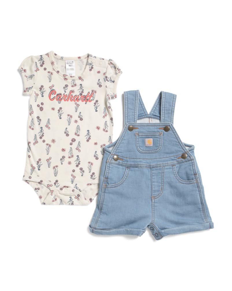 Carhartt BabyGirls ShortSleeve Bodysuit Shortall SetinfantAndToddlerClothingSets, Light Wash Denim, 24 Months