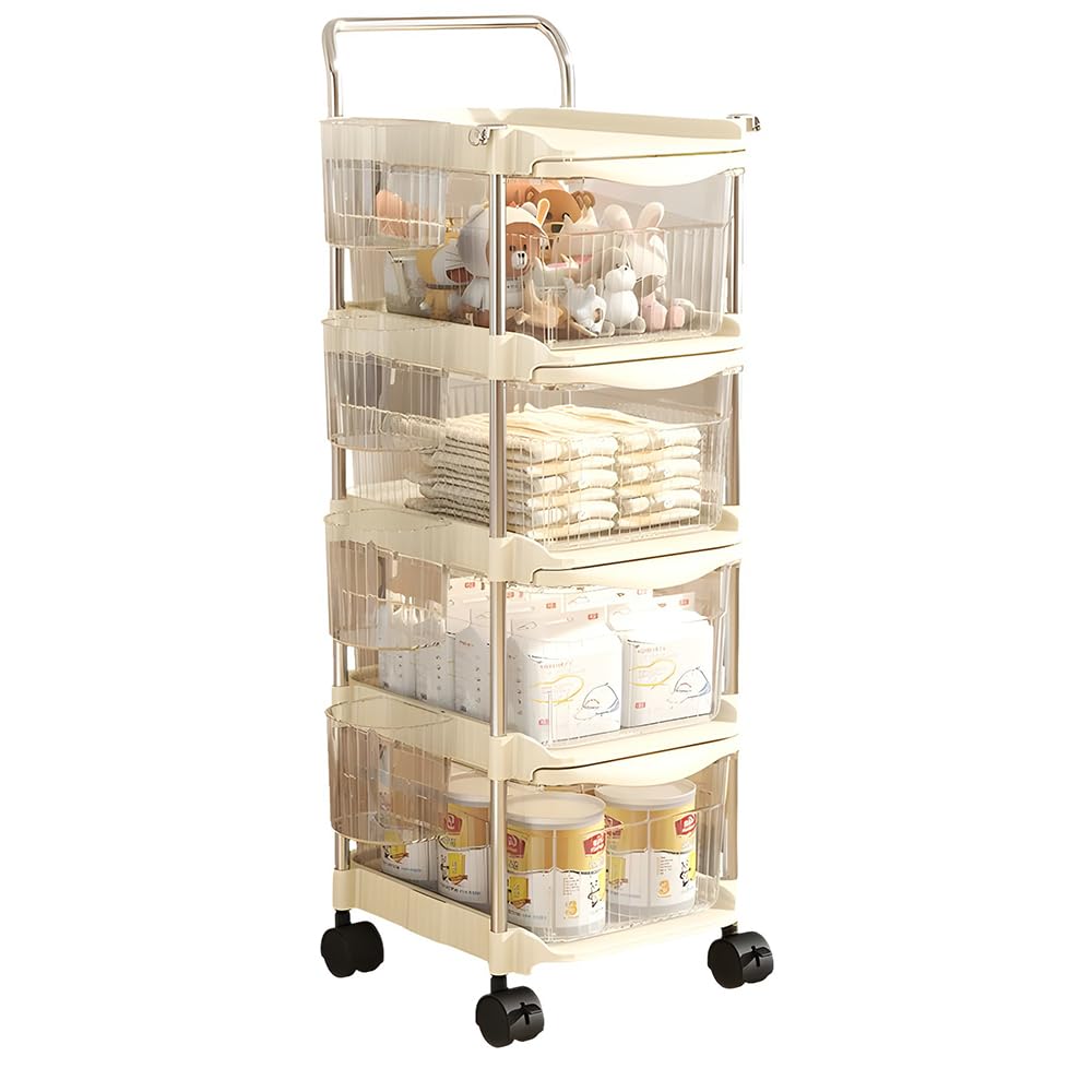 Baby Diaper Caddy Cart Organizer  Plastic Movable Cart Drawers with Hanging Basket, Rolling Utility Diaper Storage Caddy Organi